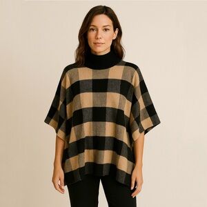 NWT Note Di Anita Cashmere Merino Wool Blend Plaid Turtleneck Poncho Italy